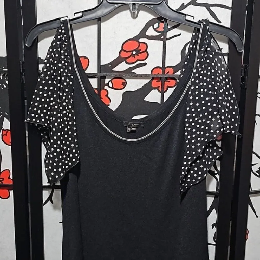 Escada Polkadot Silk Open Sleeve Blouse Top Size Large